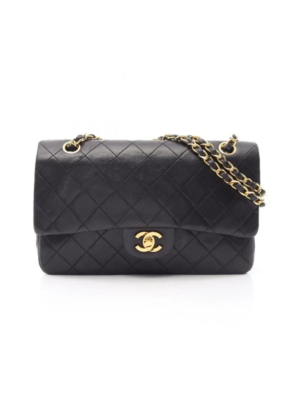 Chanel Shoulder Bag Quilted Double Flap Black Lambskin Chain